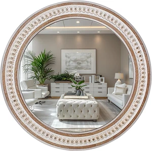 24 Inches Rustic round Wall Mirrors - Wooden Farmhouse Circle Mirror for Bathroo - Picture 1 of 6