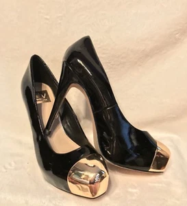 DOLCE VITA Black Patent Leather, Gold Metal Toe Caps Platform Pumps Shoes, 8 - Picture 1 of 11