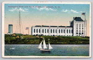 1914 Portsmouth, NH - Naval Prison -View from Piscataqua River Sailboat Postcard - Bild 1 von 6