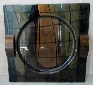 Artist Signed Studio Art Glass 19" Square Gray, Green and Tan Designer Platter - Picture 1 of 8