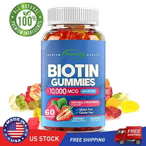 Biotin Gummies 10,000mcg - Healthy Hair Skin Nails Growth Lower Cholesterol - Picture 1 of 7