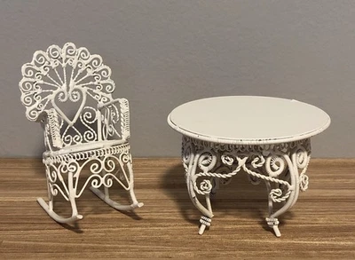 Dollhouse 1:12 White Metal Wicker Look Garden Patio Table + Rocking Chair - Image 1 of 4
