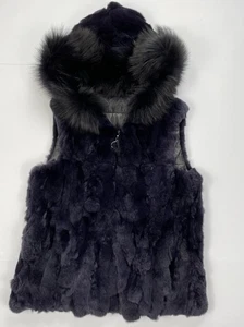 MITCHIE'S Reversible Nylon/Rabbit Fur Vest W/ Silver Fox Trim Navy Black Medium - Picture 1 of 10