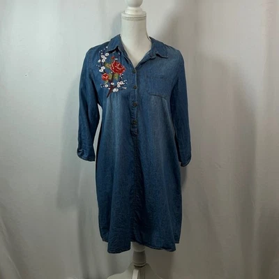 Wishful Park Denim Dress Medium Embroidered Floral Long Sleeve Casual - image 1 of 4