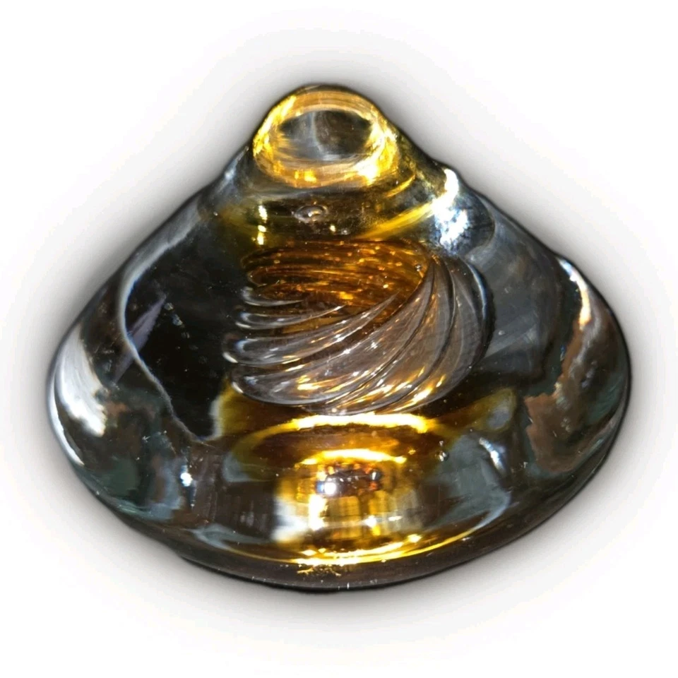 Blenko Art Glass Clear & Amber Air Bubble Swirl Cone Shaped Paperweight - Image 1 of 3