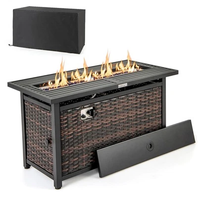 45" Propane Rattan Firepit Table w/ Protective Cover Metal Frame & Glass Stones - Image 1 of 4