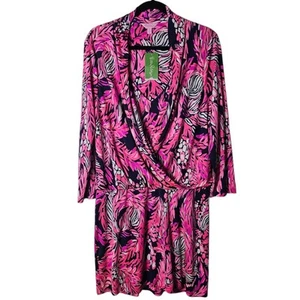NWT Lilly Pulitzer XL Felizia Silk Dress Faux Wrap Front Bright Navy 3/4 Sleeve - Picture 1 of 9