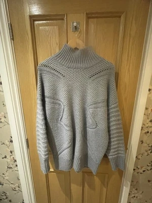 Reiss Myla Jumper Medium Oversized Mid Grey Turtle Neck Cable Open Knit - Image 1 of 4