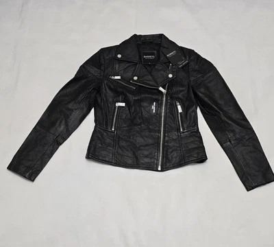 Barneys Originals Real Leather Clara Black Textured Biker Jacket Size 8 RRP £190 - Image 1 of 4