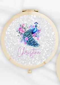 Personalisierter Gold Kompaktspiegel mit Pfau Design Geschenk für sie individuell - Bild 1 von 3