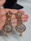 Indian Pakistani Large Gold plated earrings with champagne white jaroa Stones 