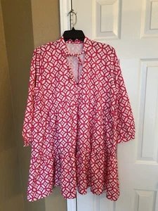 Shein Tie Collar Pink Floral Print Loose Fit Boho Vacation (Casual) Dress-Large - Picture 1 of 12