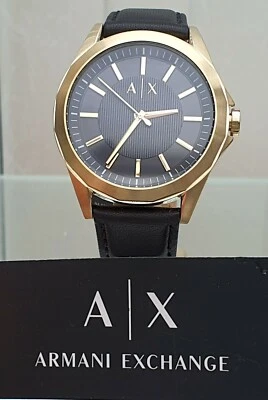 New ARMANI EXCHANGE Mens Watch black Leather strap, Gold Plated Easy to Read a19 - image 1 of 4