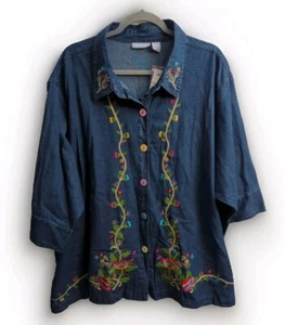 NEW Women LIZ & ME Colorful Floral EMBROIDERED 4X DENIM BUTTON-UP JACKET Spring  - Picture 1 of 13