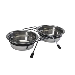 Stainless Steel Double Diner Dog Bowls Anti Rattle Raised Feeding Dishes 3 Sizes - Picture 1 of 9