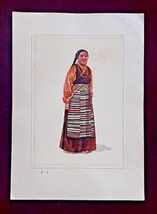 Tibetische Frau in traditioneller Kleidung. Alte Druckkunst. Tibet. China. - Bild 1 von 5