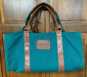 Bernina Sewing Tote Bag Green Canvas Brown Leather USA Made 18” W x 9” x 9.5” D - Picture 1 of 11