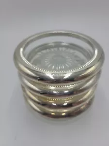 Vintage Ashtrays Coasters Set of 4 Silver Plated Rim Cut Glass Design on Bottom - Picture 1 of 9