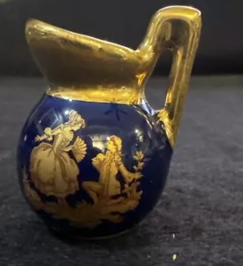 Limoges France Miniature Cobalt Blue Pitcher With Courting Couple 22K Gold 1.5” - Picture 1 of 3