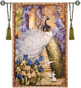 Peacock Duet Garden Paradise Floral Scene Bird Tapestry Wall Hanging 50"x80" - Picture 1 of 1