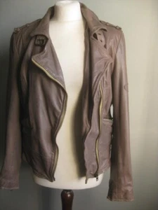 MUUBAA LEATHER BIKER JACKET 12 10 distressed steampunk grey taupe soft lamb - Picture 1 of 21