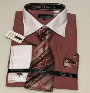Men's Avanti Uomo Dress shirt red Necktie Hanky Cufflinks Set 17.5 - Picture 1 of 1