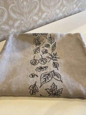 Crate And Barrel Leaf Embroidered Beige & Black Table Runner 14” X 90” - Image 1 of 4