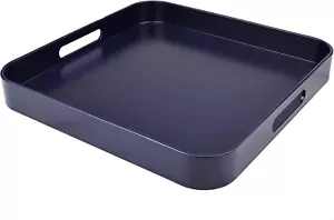 Square Navy Blue Decorative Serving Tray with Handles, Versatile Ottoman Tray fo - Picture 1 of 7