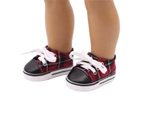 Red and Black Plaid Sneakers Fits 18" American Boy Girl Doll Shoes - Picture 1 of 1