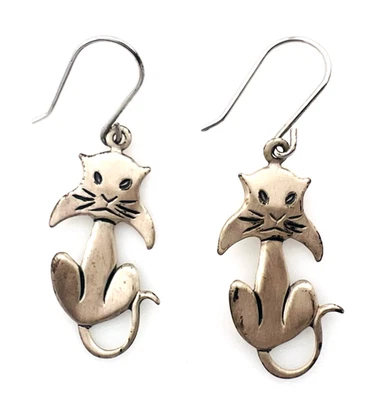 Vintage Beau Sterling Silver Antiqued Cat Dangle Earrings - Image 1 of 4