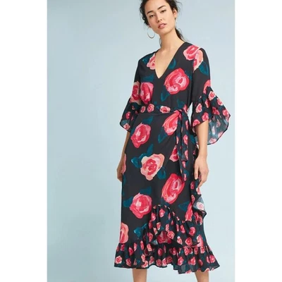 Anthropologie Blank London Verona Floral Ruffle Wrap Midi Dress   Size: Small P - Image 1 of 4