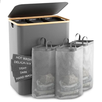 Wäschekorb mit Deckel 156L Extra Wäschesammler 3-Fächer Wäschesack Wäschebox - Bild 1 von 4