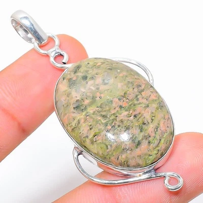 Unakite Gemma Fatto a Mano 925 Argento Sterling Ciondolo Gioielli 6.2cm - Immagine 1 di 4