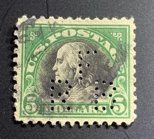 US Stamps 524 Perfin FRB $5 Franklin Used VF - Picture 1 of 1