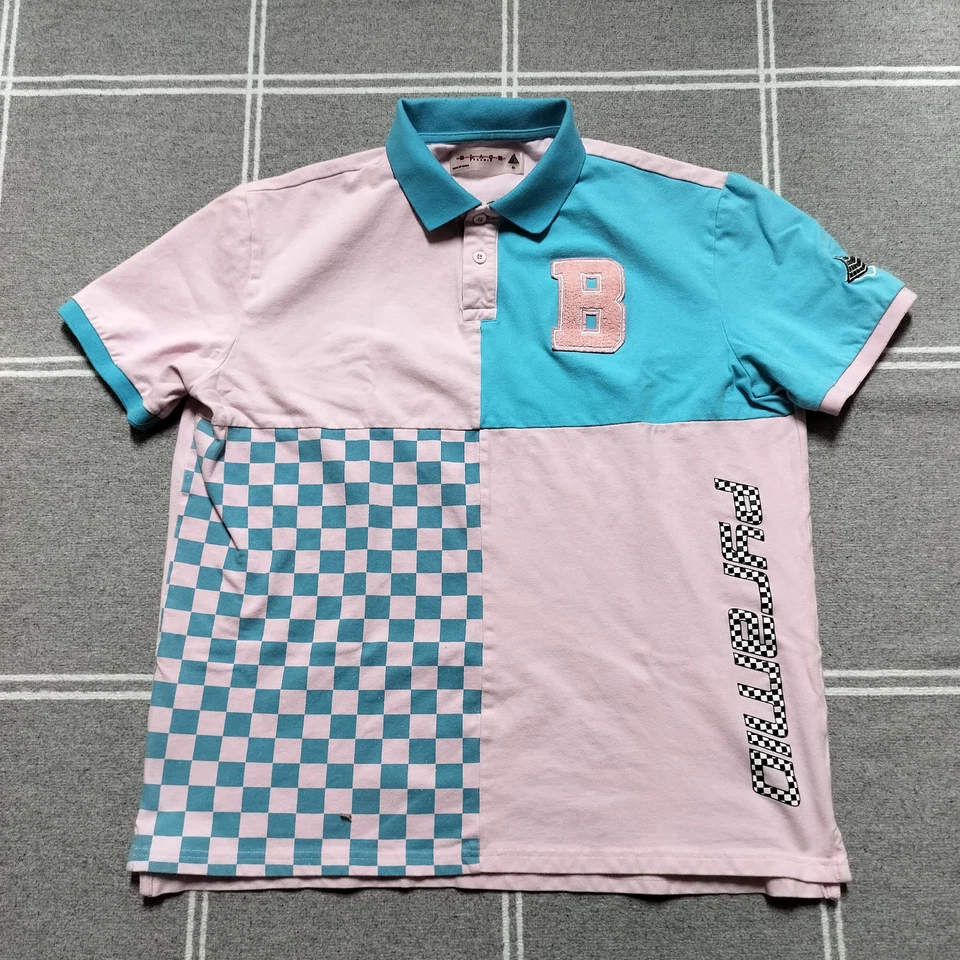 Black Pyramid Men’s XL Pink Cyan Polo Shirt Checkerboard Embroidered Streetwear - Image 1 of 4