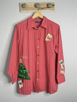 Vintage Christmas Tunic Shirt Woman 1X Christmas Tree Embroidered Shoulder Pads - Image 1 of 4