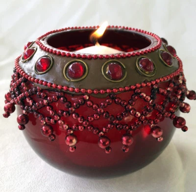 Red Tea Light Holder Cup Beaded Glass Candle Holder Votive Hand Made - Image 1 of 4