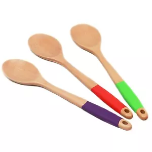 Chef Craft 14" Long Beechwood Wooden Kitchen Mixing Spoon with Silicone Handle - Picture 1 of 8