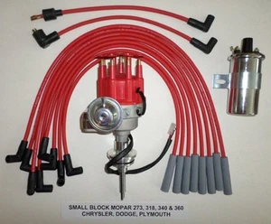 MOPAR 273-318-340-360 Red SMALL Cap HEI Distributor + 45K Coil +Spark Plug Wires - Picture 1 of 2