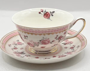 Grace Teaware Fine Porcelain Pink Rose Pink Band Footed Cup and Saucer Set 7 oz. - Picture 1 of 13
