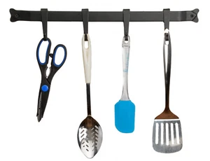 KITCHEN ACCESSORY UTENSIL POT RACK Hammered Wrought Iron Bar 4 Scroll Hooks USA - Picture 1 of 4