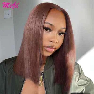 Highlight Short Bob Wig Straight Brown Lace Front Human Hair Wigs HD Transparent - Picture 1 of 24