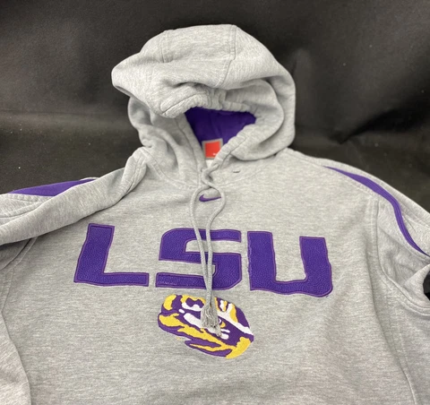 LSU TIGERS Dri Fit NIKE Hoodie Size Small Sweatshirt Gray Pullover pockets Cover