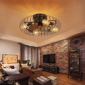 20" Rustic Caged Ceiling Fan Light with Remote,Farmhouse Flush Mount Chandelier - Picture 1 of 5