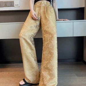 Damen Business Jacquard Hose weites Bein Büro High Waist Hose mit Gürtel Kette - Bild 1 von 27