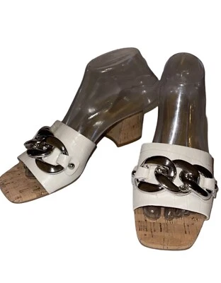 MARC FISHER LTD Naniya Blanco Bloque Tacones Cadena Hebilla Slides Mujer’s Talla US 8M Foto 1 de 4