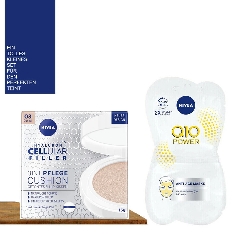 Nivea Hyaluron 3in1 Glow Cushion MakeUp DUNKEL getöntes Fluid + Q10 Power Maske - Bild 1 von 1