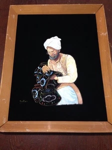 Vintage Black Velvet Oil Man Turban Painting Wood Frame 16 1/4" X 20 1/2" - Picture 1 of 5