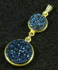 Druzy Agate Deep Blue Electro Coated Crystal Pendant Vermeil 14K Gold Filled - Picture 1 of 4