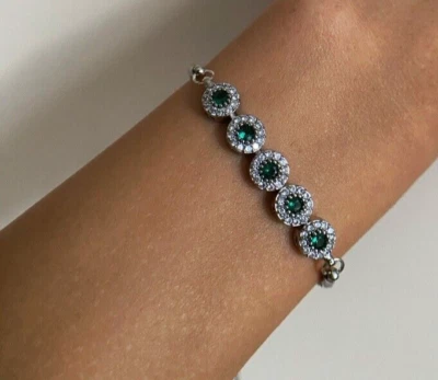 4Ct Lab-Created Round Cut Emerald Women's Bolo Bracelet 14K White Gold Plated - Image 1 of 4